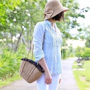 LOFT The Softened Shirt Eyelet Lace Top Blue Small